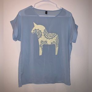 (M) NWOT Zara Light Blue Unicorn Boho Pattern Short Sleeve Cuffed Tee